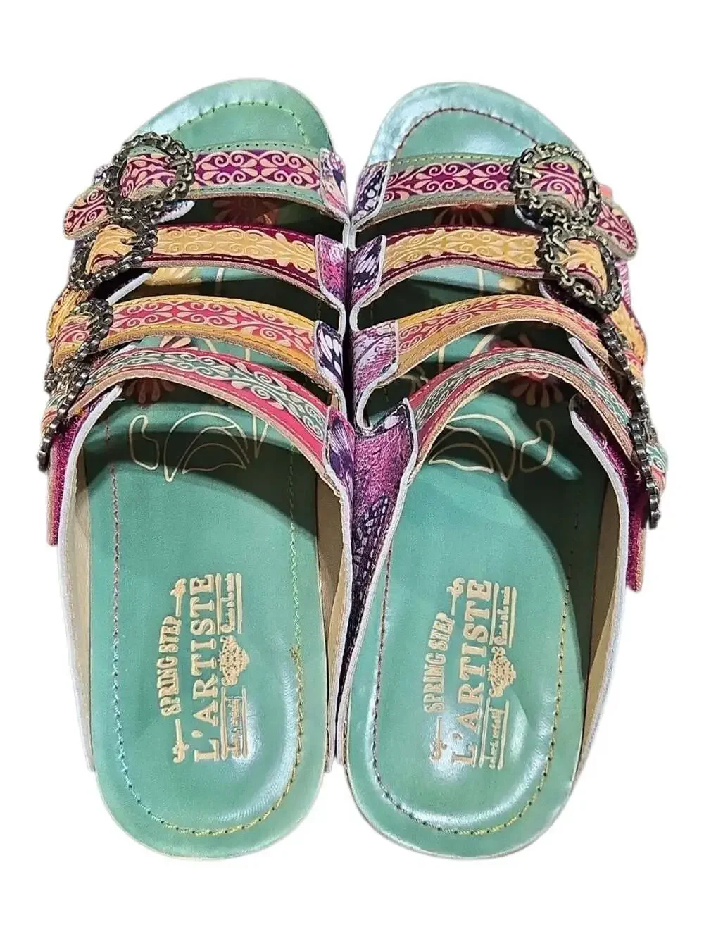 L'Artiste by Spring Step Blessing Floral Butterfly Embossed Leather Wedge Slides